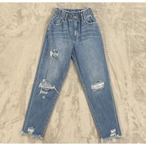 KanCan Jeans Juniors 1/24 Mom Angel Ultra High Rise Relaxed Paperbag Grunge Blue